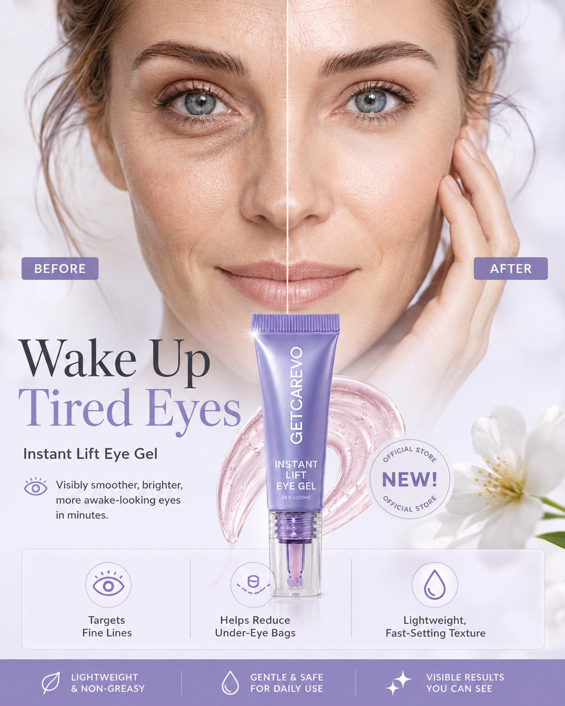 Instant Lift Eye Gel – Smooth Wrinkles & Reduce the Look of Under-Eye Bags 👁️💜