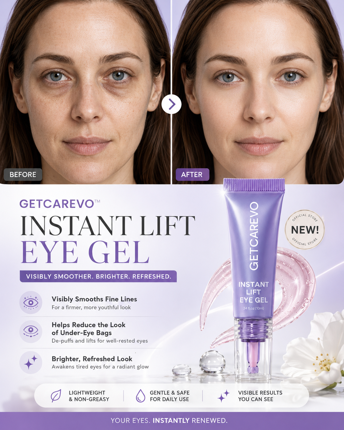 Instant Lift Eye Gel – Smooth Wrinkles & Reduce the Look of Under-Eye Bags 👁️💜