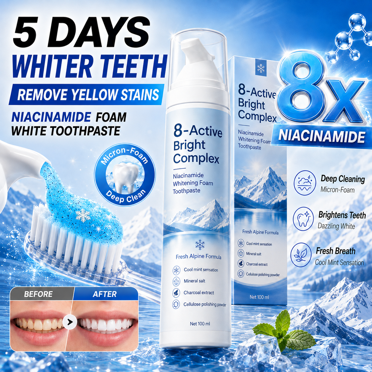 [Professional Grade] Niacinamide Foaming Toothpaste 8X